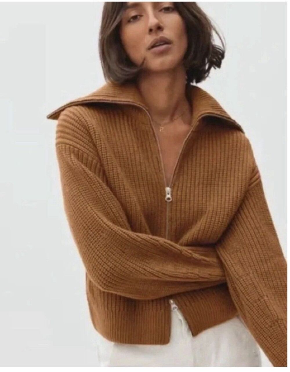 Everlane Women's Cardigan Sweater The Chunky Full Zip Cotton Brown Caramel, XS
